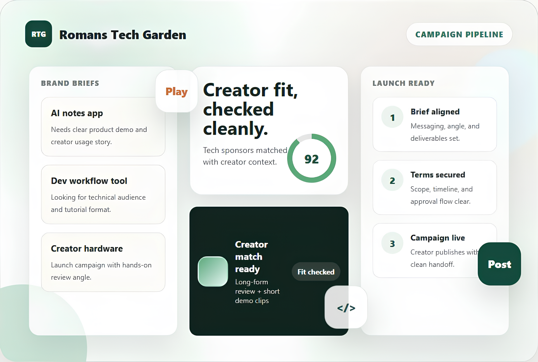 A clean campaign board showing tech brand briefs, creator matches, and launch-ready sponsorship deals.